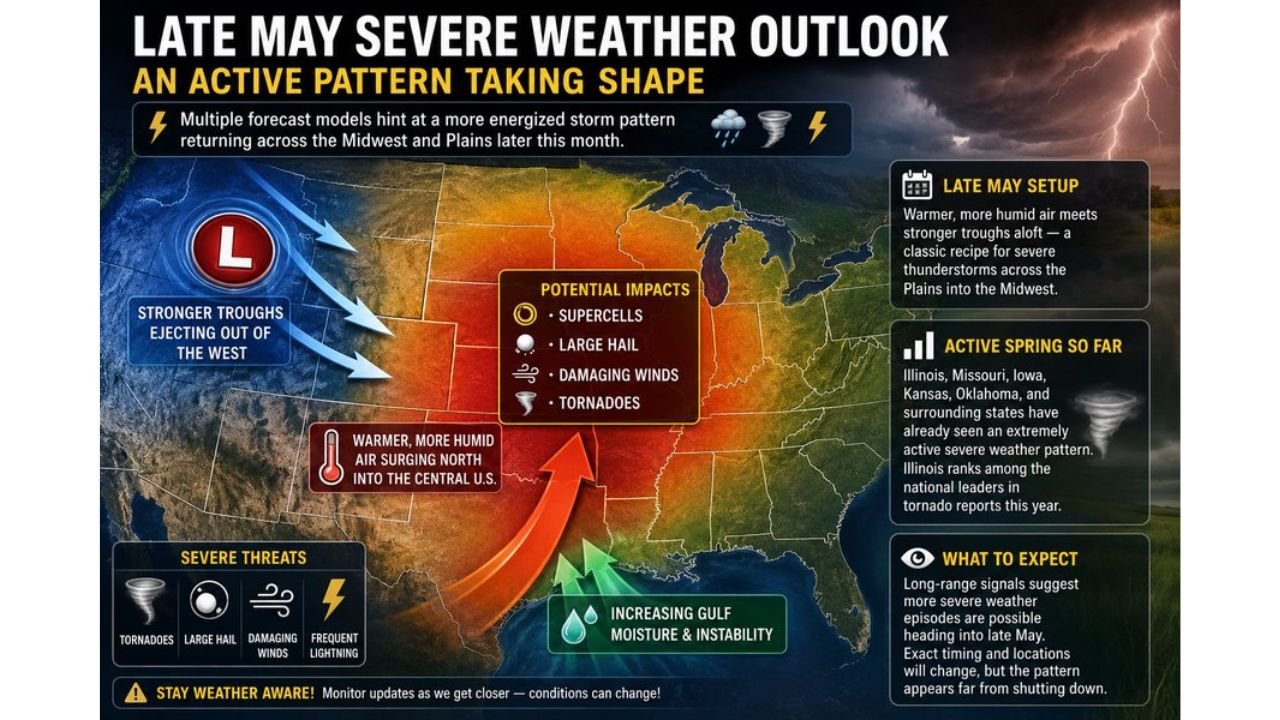 Illinois, Kansas, Oklahoma, Iowa and Missouri Face Growing Tornado and Severe Storm Threat in Late May as Gulf Moisture and Stronger Troughs Signal an Active Pattern Return