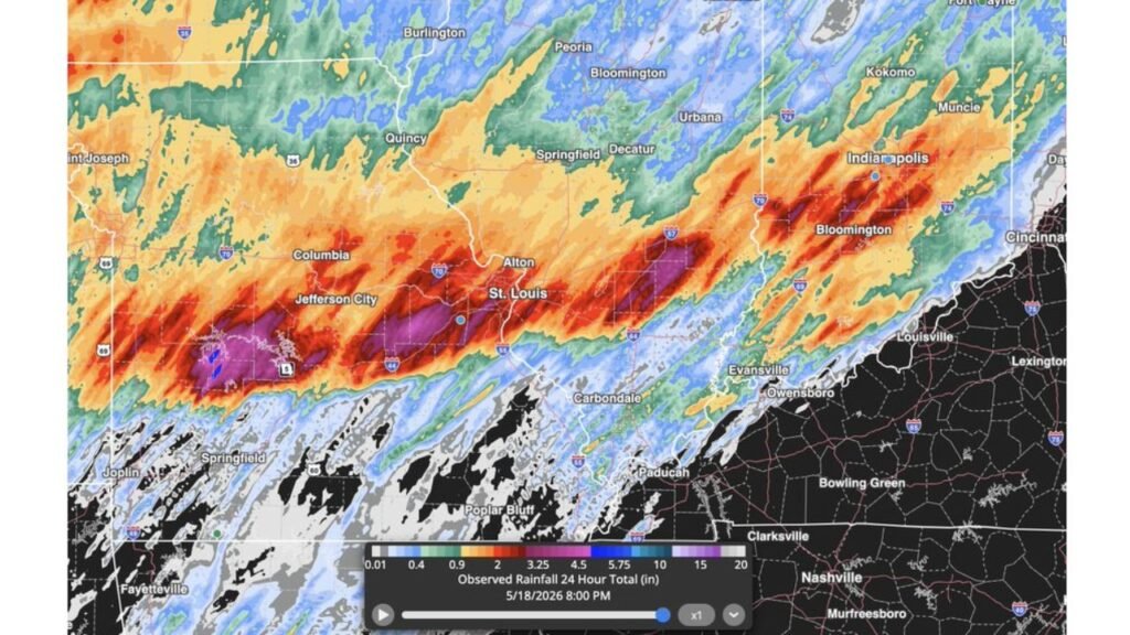 Illinois, Missouri and Indiana See Up to 4.18 Inches of Rain in 24 Hours With Standing Water Across Central Indiana Fields Including St. Louis, Effingham, Indianapolis and Bloomington