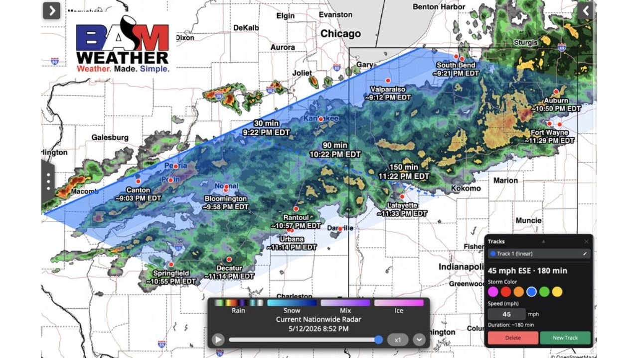 Illinois and Indiana Face 50 to 60 mph Wind Gusts and Hail Tuesday Night May 12 From Canton and Springfield Through Chicago, South Bend and Fort Wayne