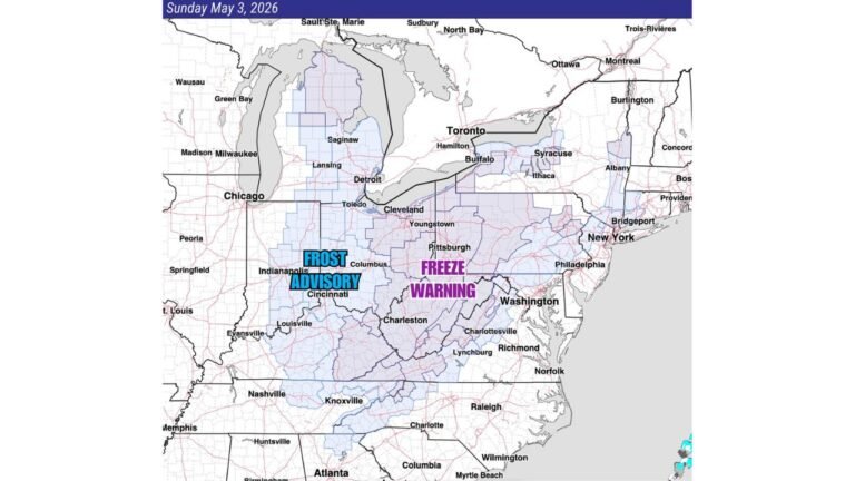 Indiana, Ohio, West Virginia and Virginia Face Widespread Frost Advisories and Freeze Warnings Sunday Morning as Temperatures Drop to 28 Degrees