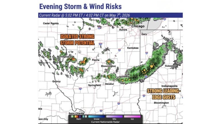 Indiana and Illinois Face 30 to 40 mph Wind Gusts and Small Hail This Evening as Storms Push Through Indianapolis, Kokomo and Urbana Thursday Night