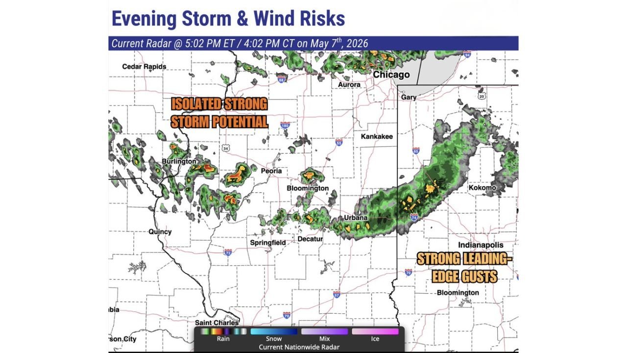 Indiana and Illinois Face 30 to 40 mph Wind Gusts and Small Hail This Evening as Storms Push Through Indianapolis, Kokomo and Urbana Thursday Night