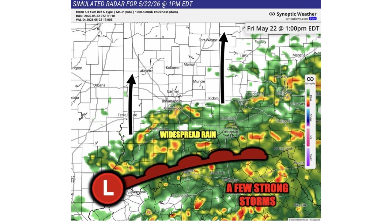 Indiana and Kentucky Face Widespread Rain by 1:00 PM ET and Strong Storms From Louisville to Lexington This Friday Afternoon and Evening Including Indianapolis, Cincinnati and Dayton