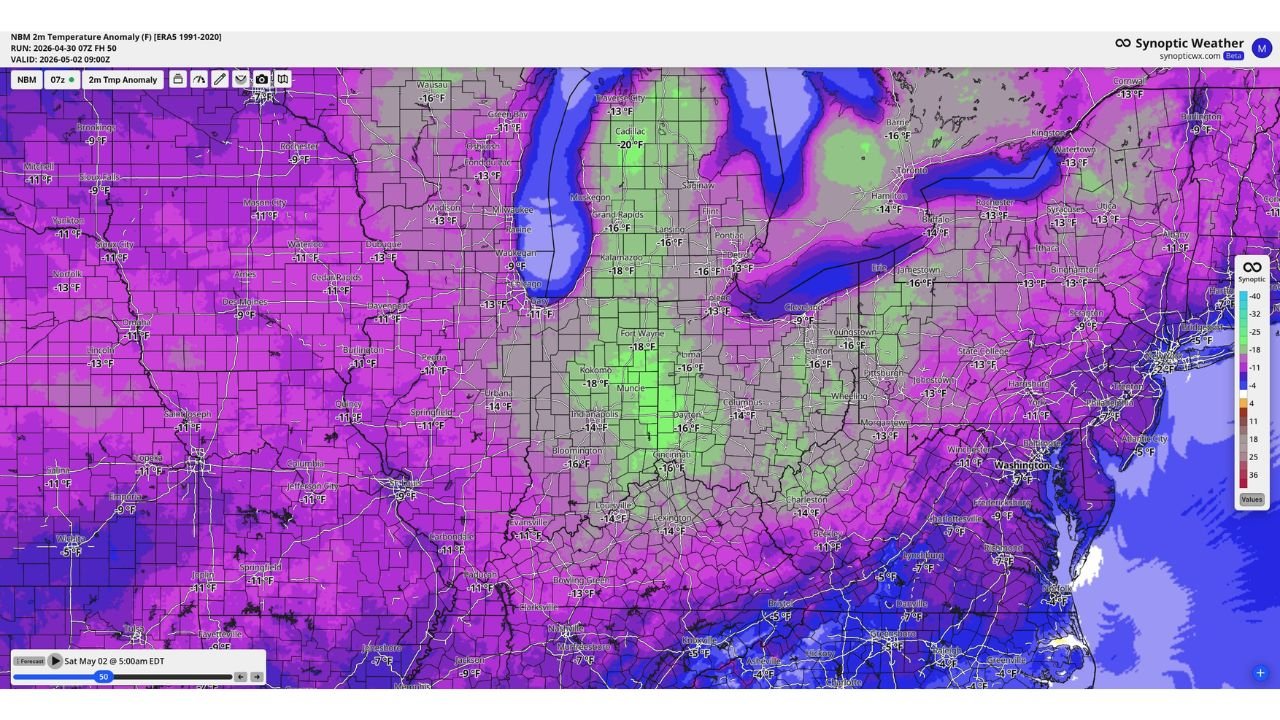 Indianapolis Mini Marathon Saturday Faces Coldest Race Morning Since 2005 With a 36 Degree Low That Runs 10 to 15 Degrees Below Normal