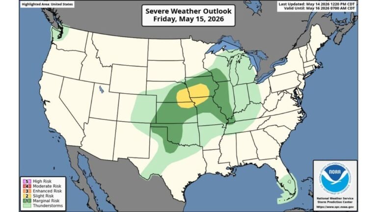 Iowa, Kansas, Missouri and Illinois Face Slight Risk Severe Storms With Large Hail and Tornadoes Friday May 15 While North Dakota, South Dakota and New Mexico Face Critical Fire Weather