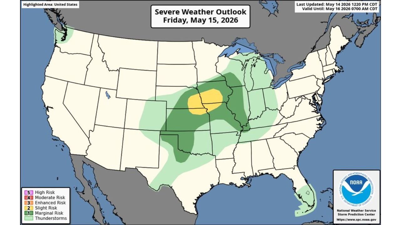 Iowa, Kansas, Missouri and Illinois Face Slight Risk Severe Storms With Large Hail and Tornadoes Friday May 15 While North Dakota, South Dakota and New Mexico Face Critical Fire Weather