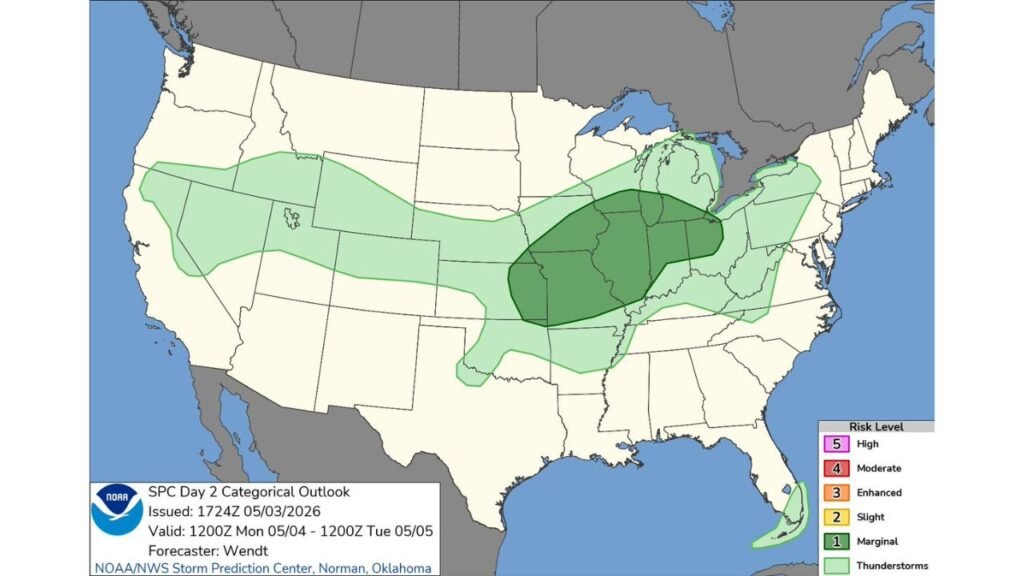 Iowa, Missouri, Illinois and Indiana Face Marginal Risk of Severe Storms Monday as Thunderstorm Chances Spread Across the Entire Central United States