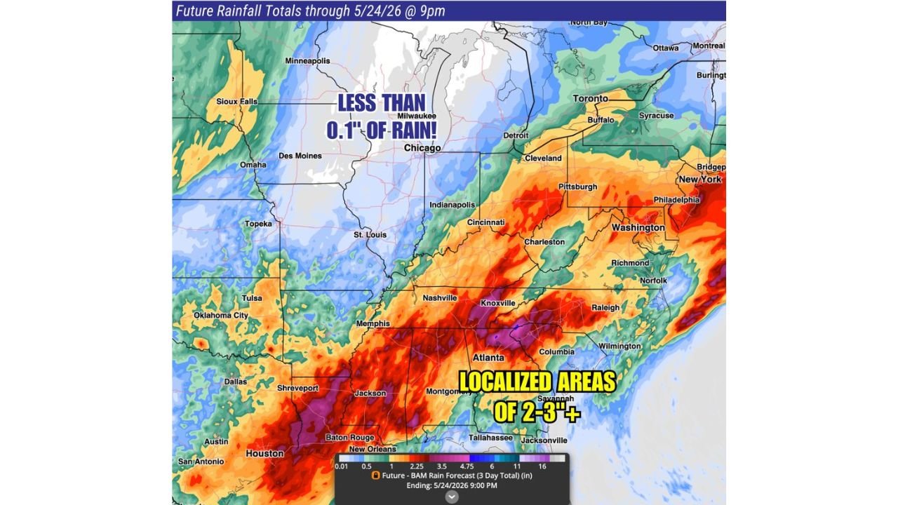 Iowa, Wisconsin and Illinois Including Des Moines, Milwaukee and Chicago Face Less Than 0.1 Inches of Rain This Memorial Day Weekend While New Orleans, Atlanta and Jackson See Localized 2 to 3 Plus Inches Through Sunday May 24