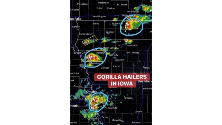Iowa and Nebraska Face Baseball Size Gorilla Hail From Multiple Supercells This Evening Including Sioux City, Holstein, Mapleton, Estherville and Nebraska City With Low Tornado Threat