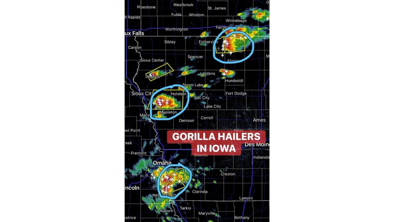 Iowa and Nebraska Face Baseball Size Gorilla Hail From Multiple Supercells This Evening Including Sioux City, Holstein, Mapleton, Estherville and Nebraska City With Low Tornado Threat