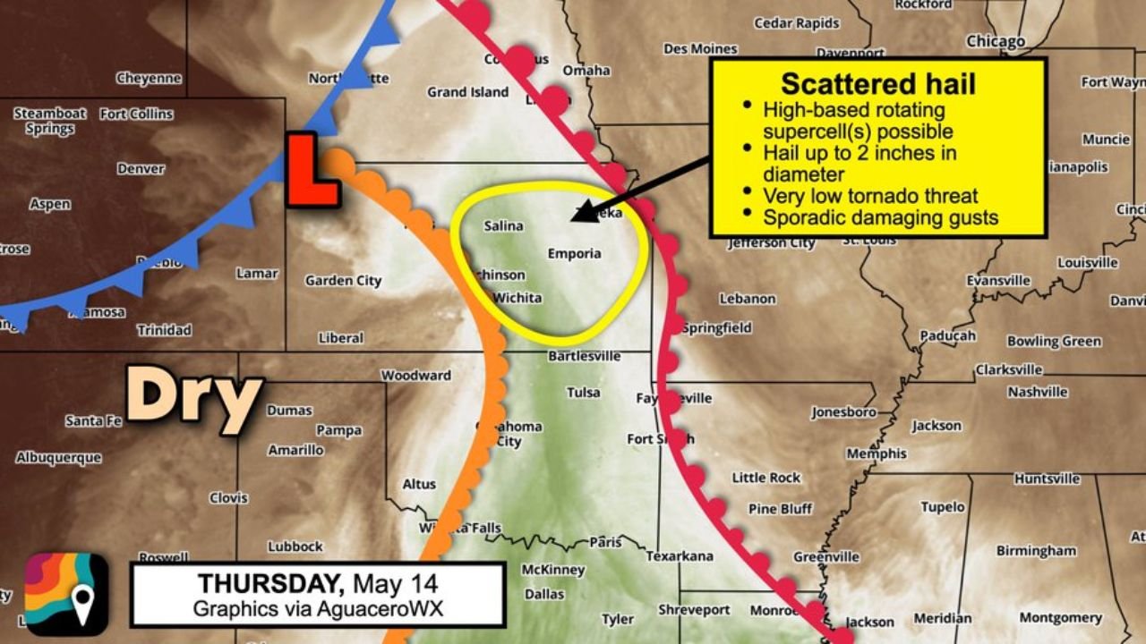 Kansas Faces 2 Inch Hail and Sporadic Damaging Gusts From Rotating Supercells Near Salina, Emporia, Wichita and Topeka Thursday May 14 With Tornado Possible if Storms Survive Into Evening