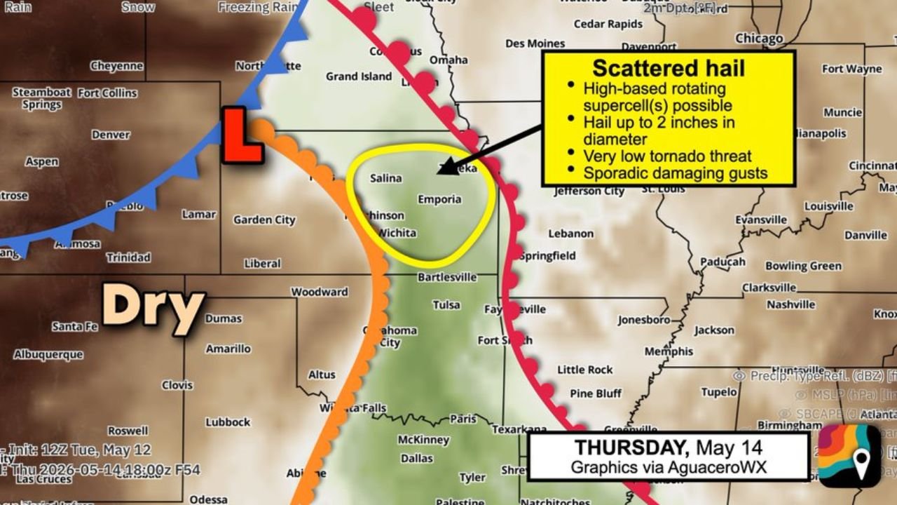 Kansas Faces 2 Inch Hail and Sporadic Damaging Gusts Near Salina, Emporia, Wichita, Topeka and McPherson Thursday May 14 After 4:00 PM