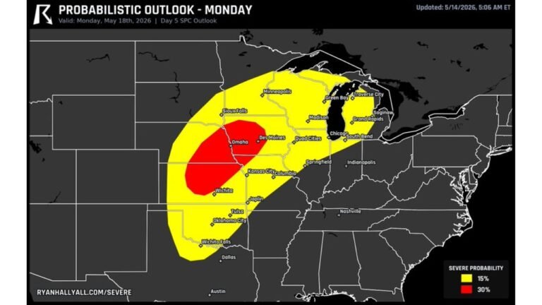 Kansas, Nebraska, Iowa, Missouri, Oklahoma, Texas, Illinois, Wisconsin and Michigan Face Likely Severe Weather Outbreak With Tornadoes and Very Large Hail Monday May 18 From Wichita to Chicago