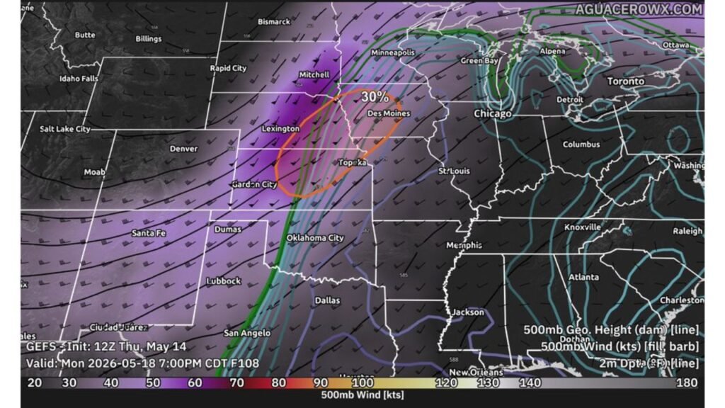 Kansas, Nebraska, Iowa and Missouri Face 30 Percent Enhanced Risk Severe Weather Outbreak With Tornadoes Possible Monday May 18 From Topeka and Garden City Through Des Moines