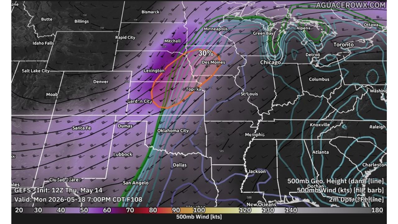 Kansas, Nebraska, Iowa and Missouri Face 30 Percent Enhanced Risk Severe Weather Outbreak With Tornadoes Possible Monday May 18 From Topeka and Garden City Through Des Moines