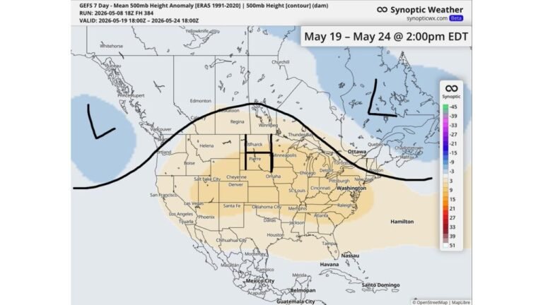 Kansas, Nebraska, Minnesota and the Northern Plains Face Stuck Heat Pattern May 19 Through May 24 as Omega Block Traps Warm Air and Pushes Moisture South