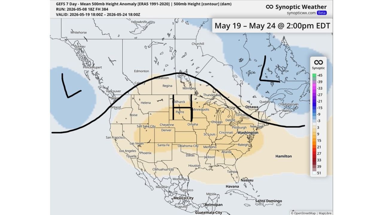 Kansas, Nebraska, Minnesota and the Northern Plains Face Stuck Heat Pattern May 19 Through May 24 as Omega Block Traps Warm Air and Pushes Moisture South