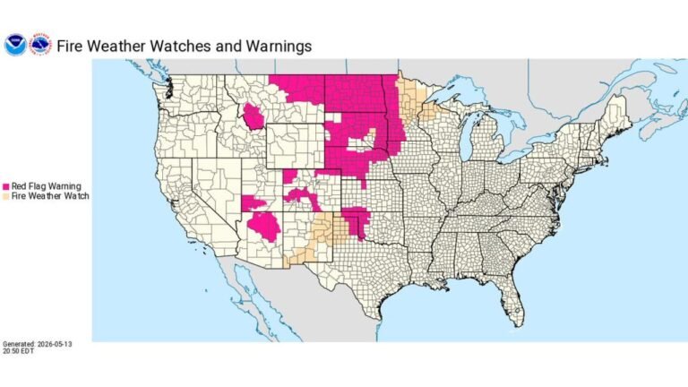 Kansas, Nebraska, South Dakota, Colorado and Montana Face Red Flag Fire Warnings While Kansas Faces Severe Thunderstorms With Large Hail and Damaging Winds Thursday May 14 Into Friday May 15