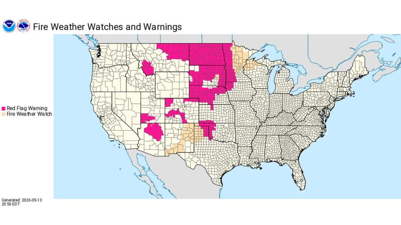Kansas, Nebraska, South Dakota, Colorado and Montana Face Red Flag Fire Warnings While Kansas Faces Severe Thunderstorms With Large Hail and Damaging Winds Thursday May 14 Into Friday May 15