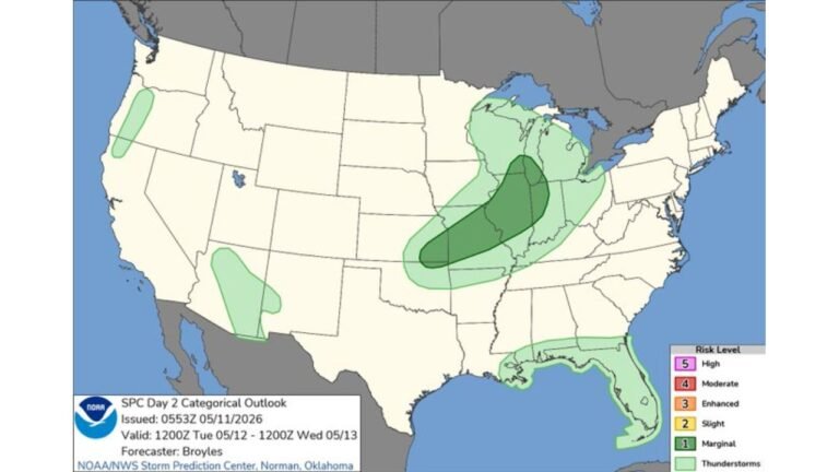 Kansas, Oklahoma, Illinois, Indiana and Wisconsin Face Marginal Severe Storm Risk Tuesday May 12 Into Wednesday May 13