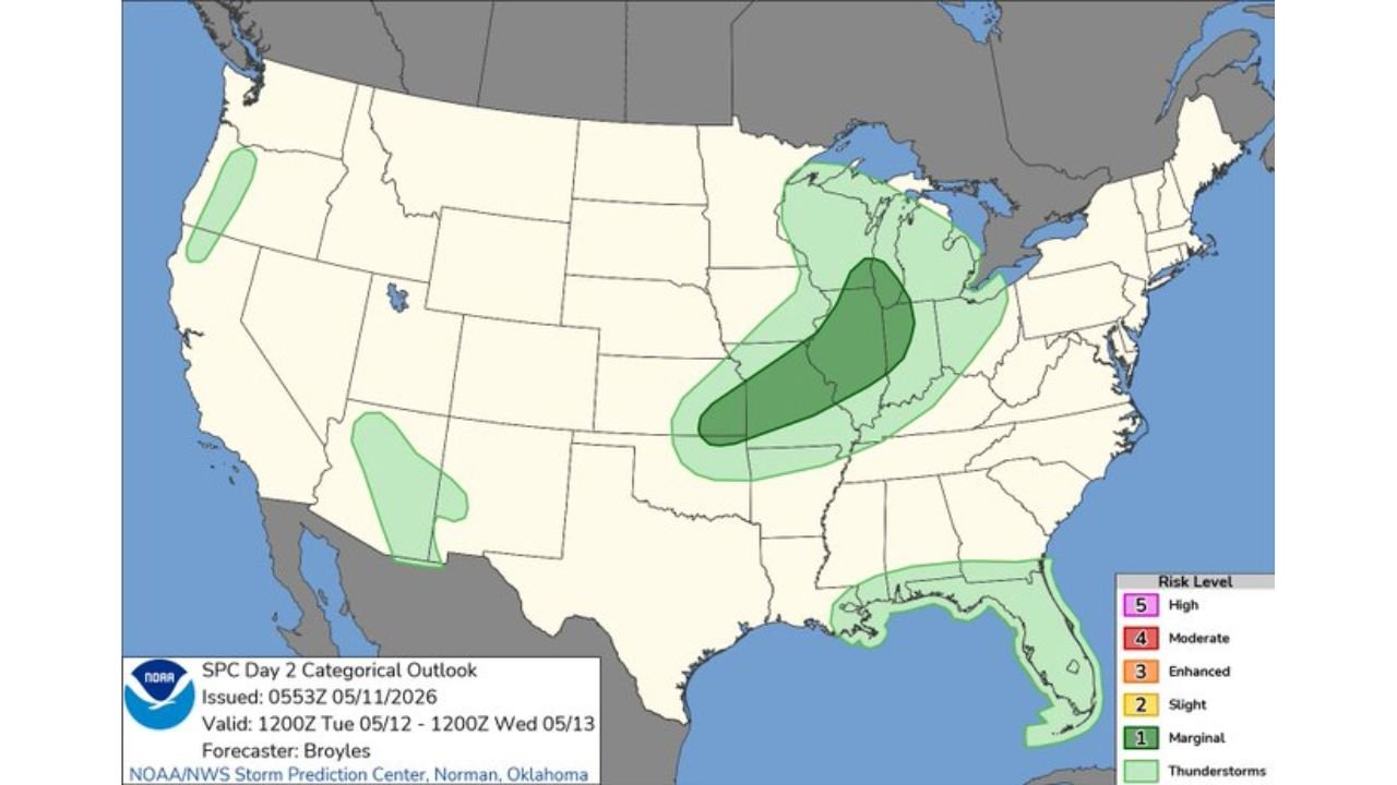 Kansas, Oklahoma, Illinois, Indiana and Wisconsin Face Marginal Severe Storm Risk Tuesday May 12 Into Wednesday May 13