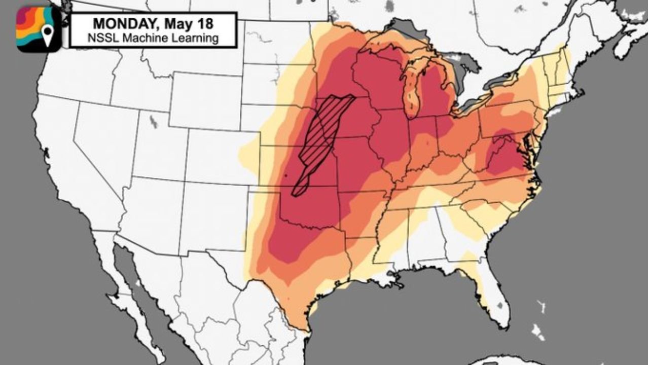 Kansas, Oklahoma, Missouri, Illinois and Indiana Face Destructive Hail, Damaging Winds and Tornadoes Monday May 18 From Wichita and Topeka Through Chicago and Fort Wayne