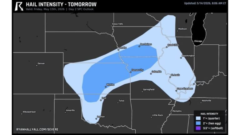 Kansas and Nebraska Face Level 3 Hen-Egg Size Hail Risk Friday May 15 Including Manhattan and Lincoln as Northeast Kansas and Southeast Nebraska See Greatest Threat