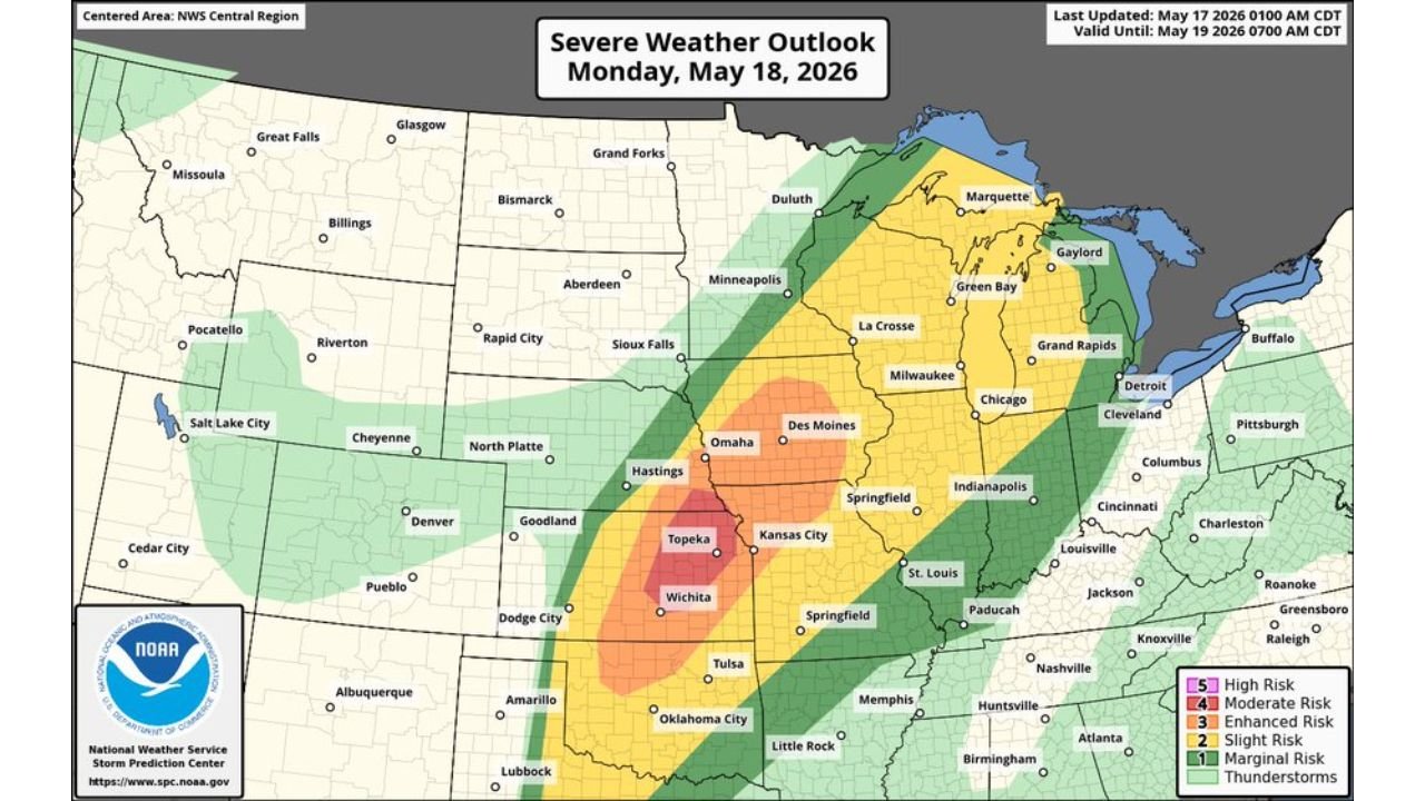 Kansas and Nebraska Face Level 4 Moderate Risk Severe Weather Outbreak Monday May 18 With 3 Inch Plus Hail and EF2 to EF3 Tornadoes Including Wichita, Topeka, Omaha and Hastings