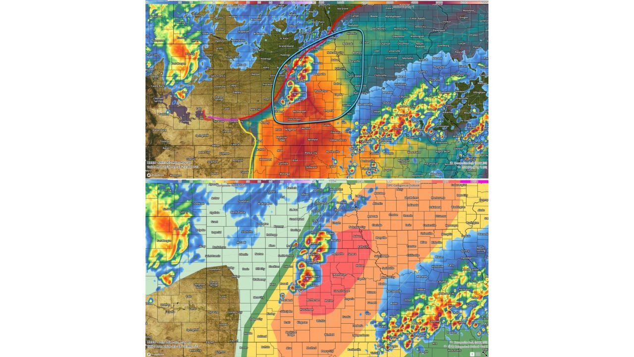 Kansas and Nebraska Face Strong to Intense Tornadoes and 3 Inch Plus Hail Monday May 18 Starting 2 to 3 PM Including Concordia, Salina, Minneapolis, Hastings and Hebron With 60 to 90 mph Winds if Storms Go Linear