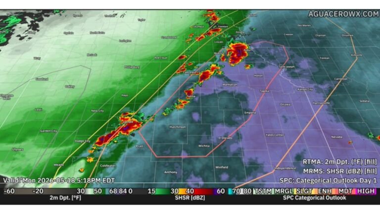 Kansas and Nebraska Tornado Threat Continues Monday May 18 Evening Near Concordia, Beatrice and Manhattan as Window Closes