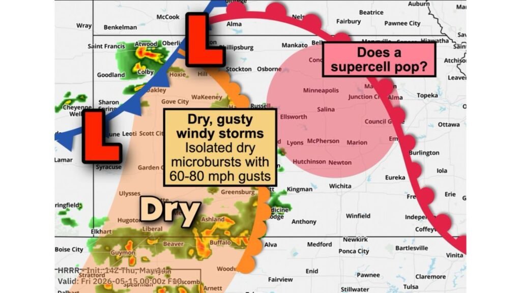 Kansas and Oklahoma Face Two Separate Storm Threats Thursday May 14 Evening With 60 to 80 mph Dry Microburst Gusts and Possible Hail-Producing Supercell Near Wichita, Salina and Russell