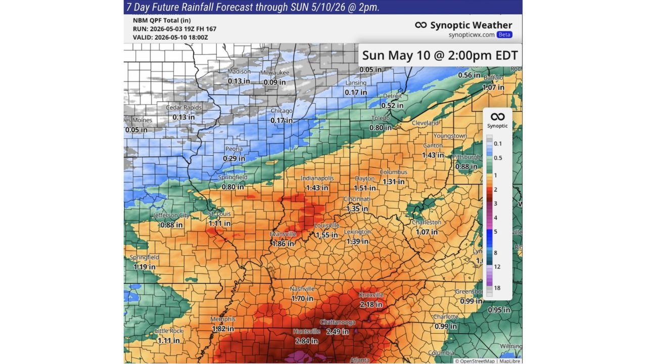Kentucky, Tennessee, Indiana and Alabama Face 1.5 to 2.84 Inches of Rain Over 7 Days as Wet Pattern Makes Field Work Nearly Impossible Through May 10