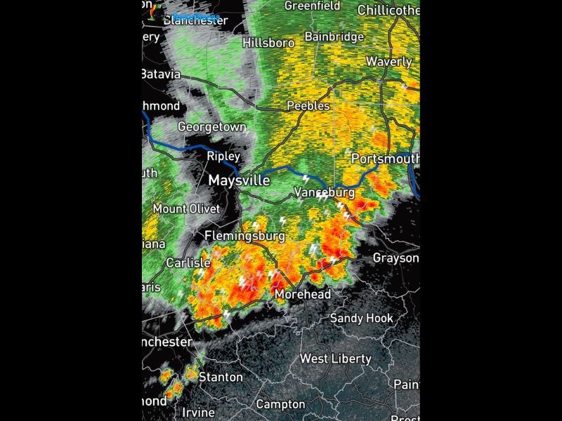 Loud and Gusty Storms Moving Through Northern Kentucky Including Maysville Flemingsburg Morehead and Vanceburg With Frequent Lightning and Heavy Rain