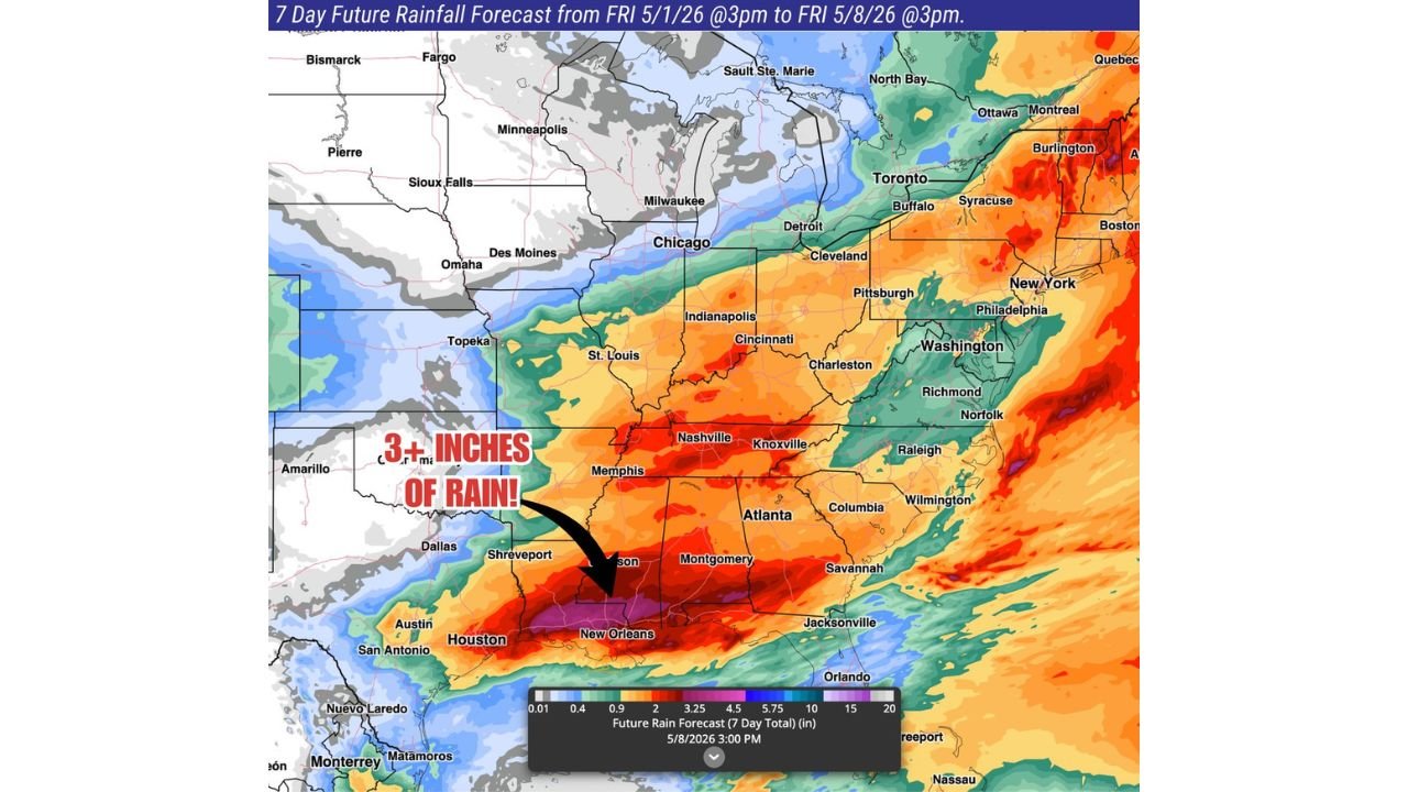 Louisiana, Mississippi, Alabama, Tennessee, and Kentucky Face 3 or More Inches of Rain Next Week as Deep South and Lower Ohio Valley Brace for Multiple Rainy Days Through May 8