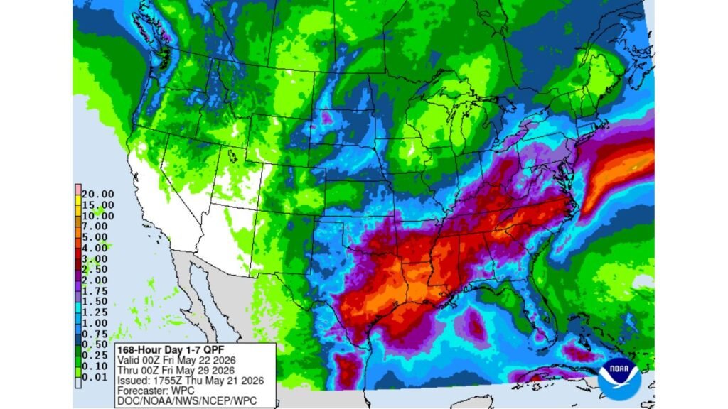 Lower Mississippi Valley and Mid-Atlantic Face Widespread 2 to 5 Inches of Rain Through Friday May 29 Bringing Critical Relief to Drought-Stricken Region