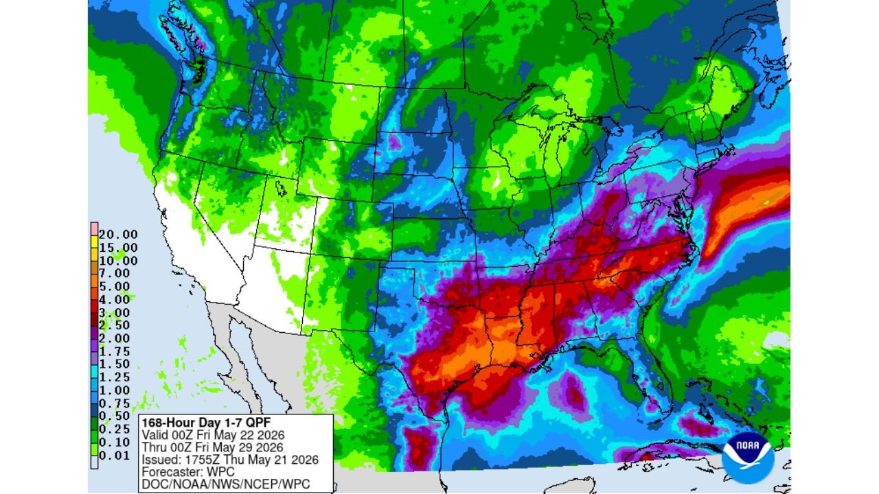 Lower Mississippi Valley and Mid-Atlantic Face Widespread 2 to 5 Inches of Rain Through Friday May 29 Bringing Critical Relief to Drought-Stricken Region