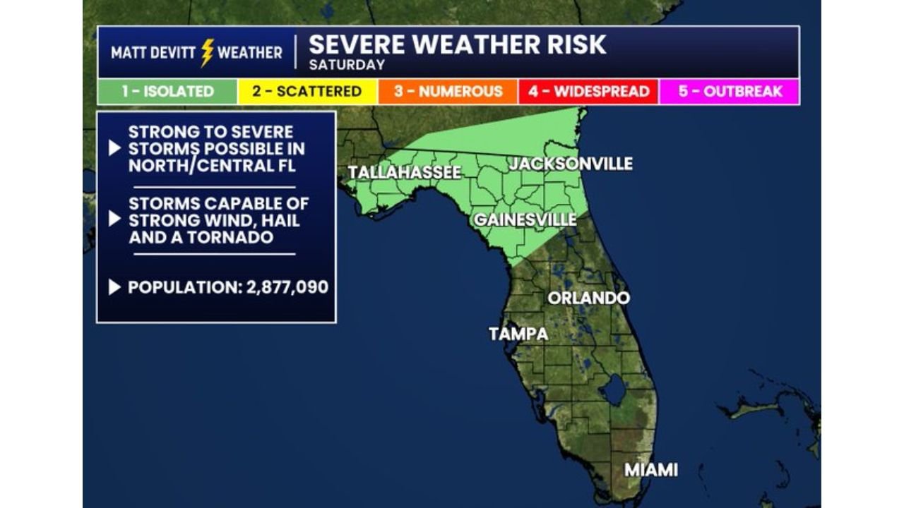 Marginal Risk Issued for Northern and Central Florida Saturday as 2.8 Million Residents Face Tornado, Hail and Wind Threat