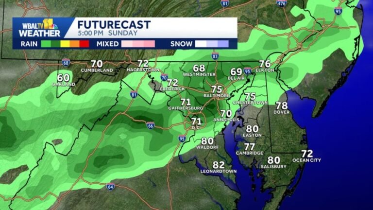 Maryland Sees Rain Spread Across Baltimore, Washington D.C. and the Eastern Shore Sunday Afternoon With Temperatures Ranging From 60 Degrees in Oakland to 82 Degrees in Leonardtown