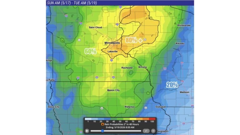 Minnesota and Wisconsin Face 80% Chance of 2 Inch Plus Rainfall Sunday May 17 Through Tuesday May 19 Including Minneapolis, Lakeville, Rochester and Winona With Some Areas Seeing Near 4 Inches