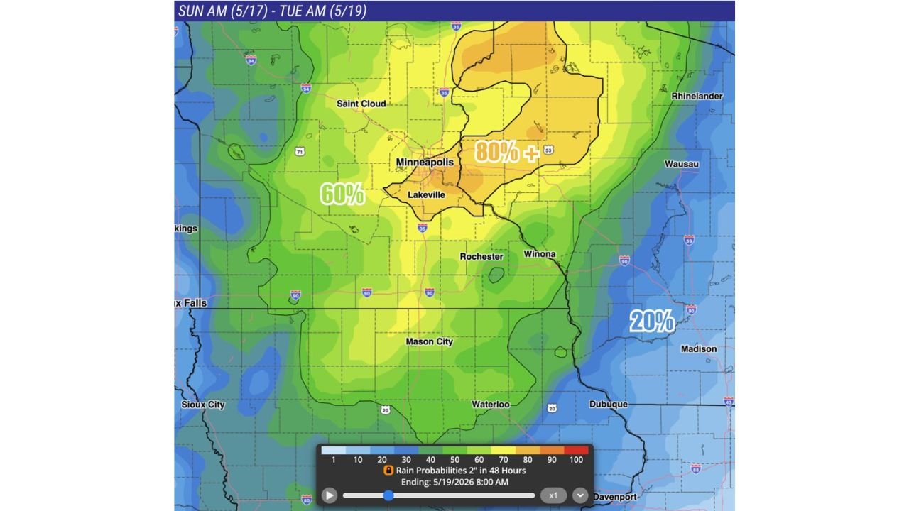 Minnesota and Wisconsin Face 80% Chance of 2 Inch Plus Rainfall Sunday May 17 Through Tuesday May 19 Including Minneapolis, Lakeville, Rochester and Winona With Some Areas Seeing Near 4 Inches