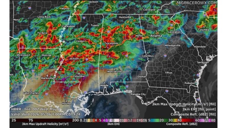Mississippi, Louisiana and Alabama Face Large Hail and Tornadoes Wednesday as Supercell Composite Hits 20.4 and PDS Tornado Environment Locks In Across the Deep South