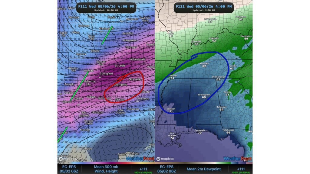 Mississippi, Tennessee and Alabama Face Growing Wednesday Severe Weather Threat as 26.7% Storm Probability and 71-Degree Dewpoints Signal Dangerous Conditions