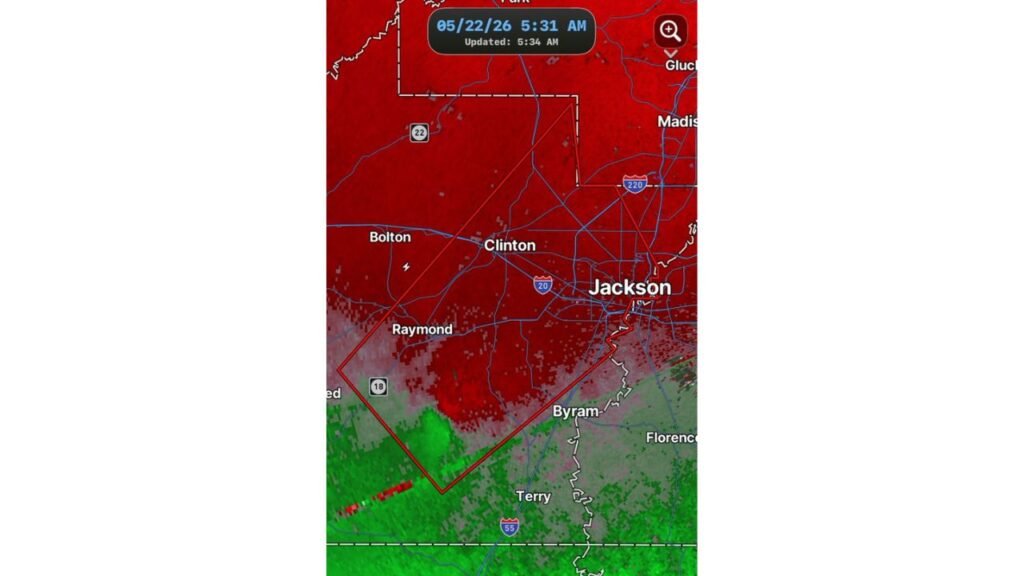 Mississippi Tornado Warning Targets Jackson, Clinton, Raymond, Byram and Terry Friday Morning May 22 at 5:31 AM CT