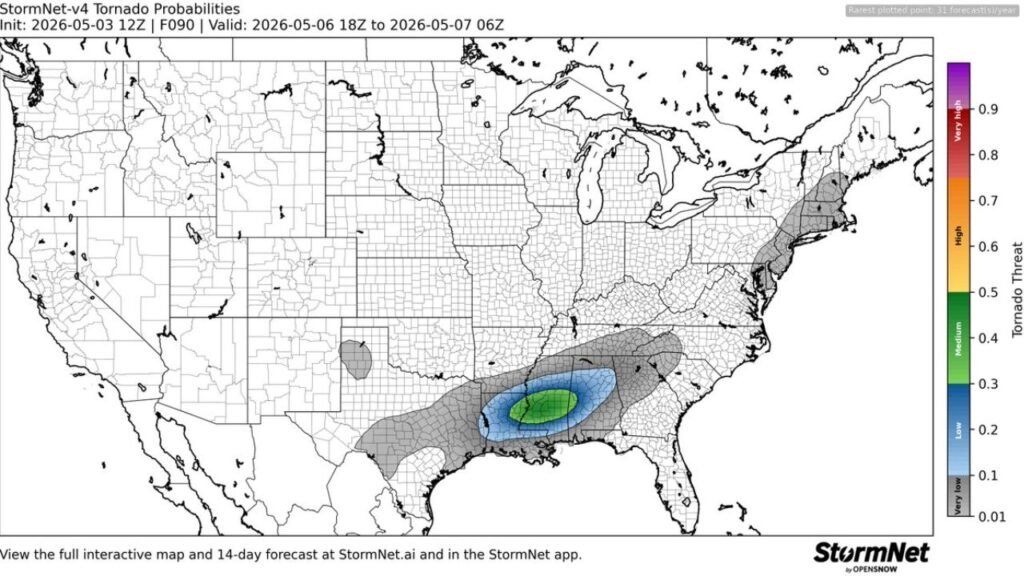 Mississippi and Louisiana Face Up to 40 to 50 Percent Tornado Probability Wednesday as Elevated Threat Zone Targets the Heart of the Deep South on May 6