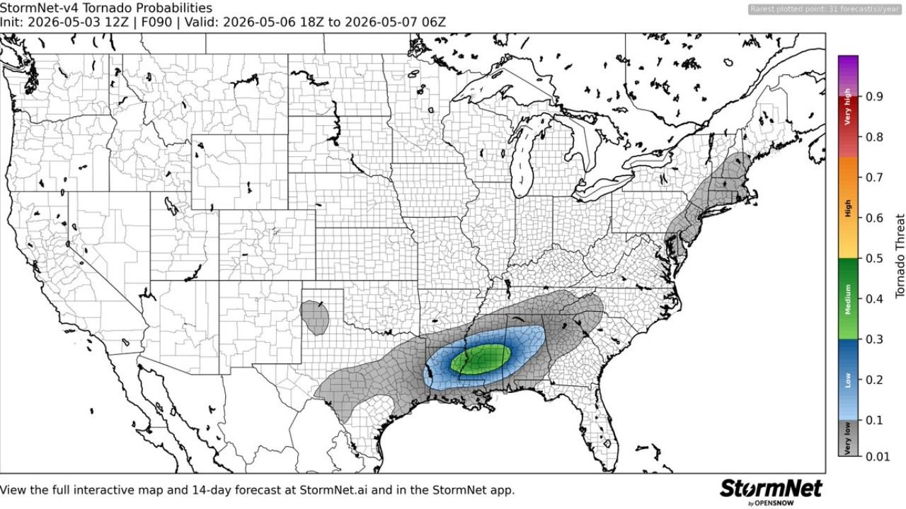 Mississippi and Louisiana Face Up to 40 to 50 Percent Tornado Probability Wednesday as Elevated Threat Zone Targets the Heart of the Deep South on May 6