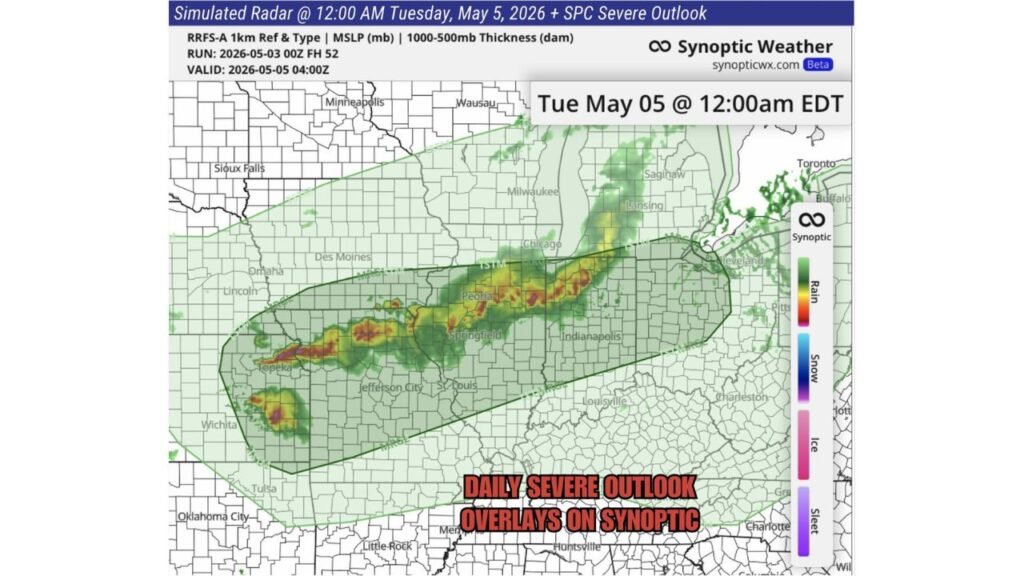 Missouri, Illinois, Indiana, and Kansas Face Severe Thunderstorm Line Monday Night Into Tuesday Morning as Storm Corridor Stretches From Kansas City to South Bend