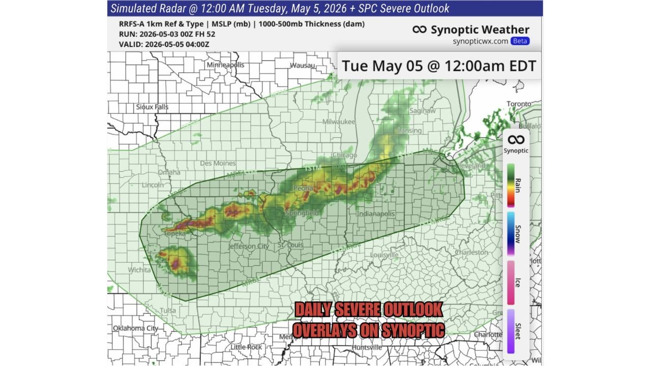 Missouri, Illinois, Indiana, and Kansas Face Severe Thunderstorm Line Monday Night Into Tuesday Morning as Storm Corridor Stretches From Kansas City to South Bend