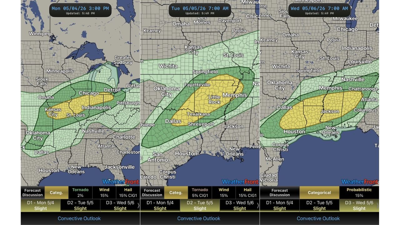 Missouri, Indiana, Arkansas, Mississippi and Louisiana Face Three Straight Days of Severe Weather With EF2 Tornadoes Possible Near Little Rock and Memphis Tuesday