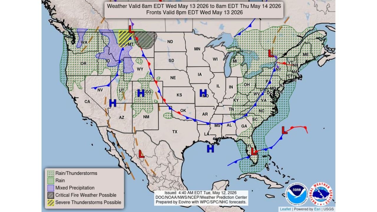 Montana, Idaho, Wyoming and Nevada Face Critical Fire Weather and Severe Wind Gusts Wednesday May 13 While Rain and Thunderstorms Spread Across the Northeast and Southeast
