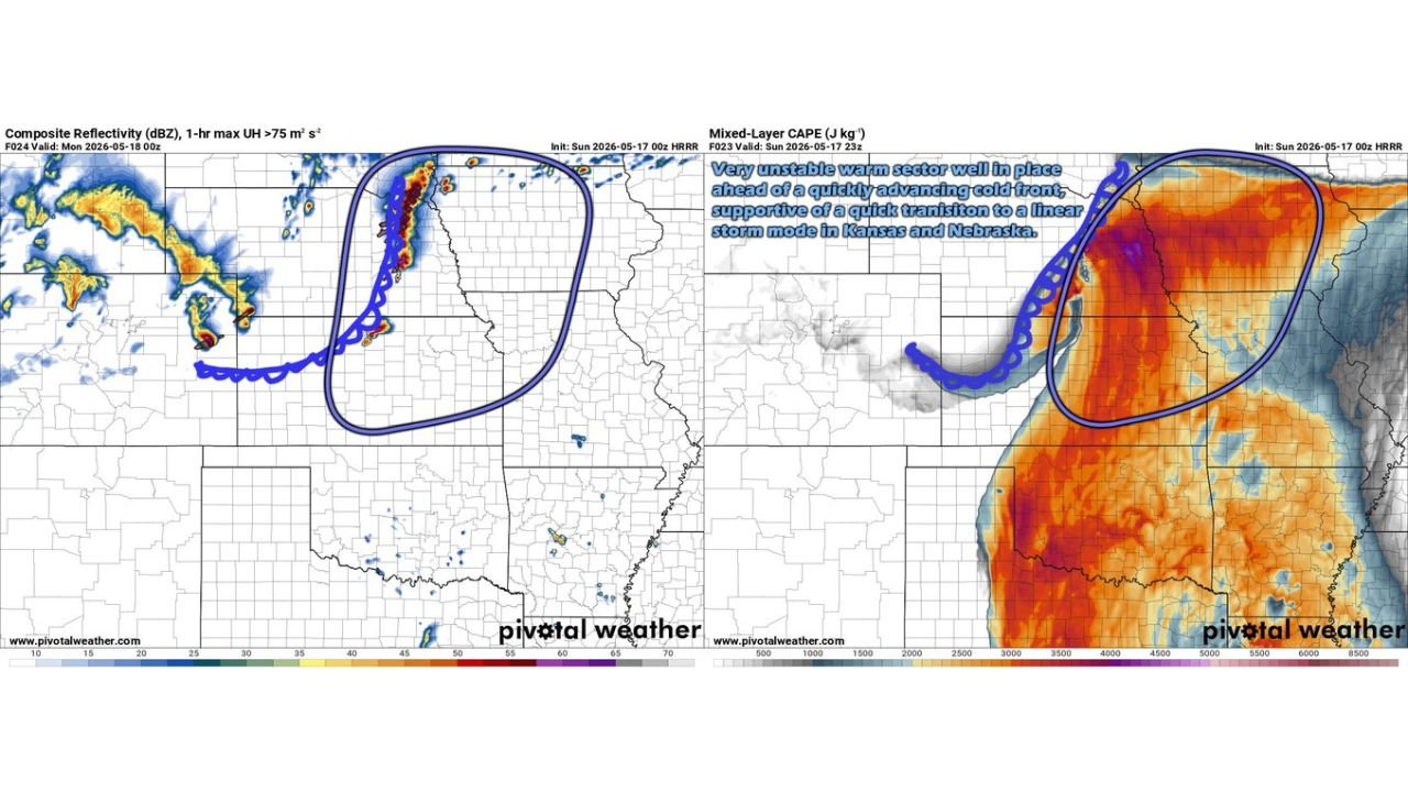 Nebraska, Kansas, South Dakota, Iowa and Missouri Brace for Damaging Winds and Tornado Threat Sunday Evening May 17 as Storm Line Expected to Fire Around 5 to 6 PM Pushing Through Overnight